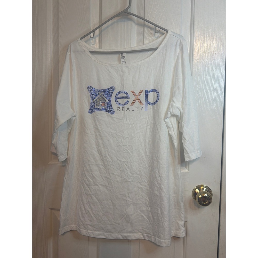 District eXp Realty Rhinestone White T-Shirt 3/4 Sleeve XXL
